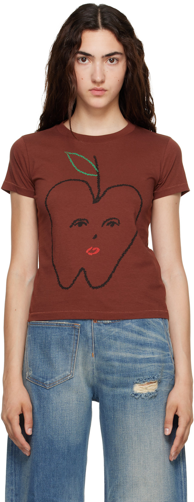 MM6 Maison Margiela: ブラウン 'Apple' クロップド Tシャツ | SSENSE 日本