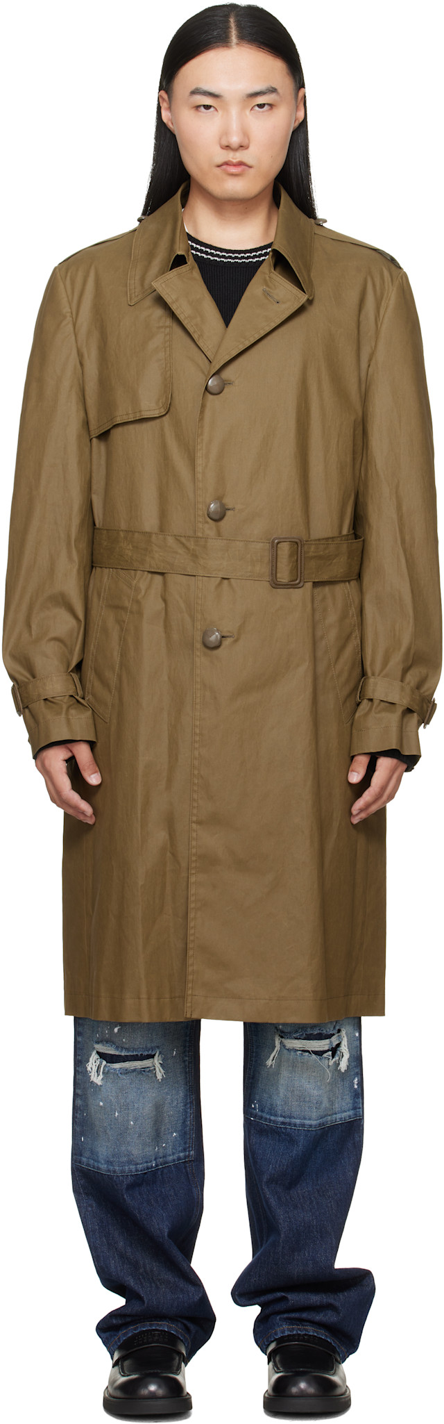 MAISON MARGIELA トープ Memory Of トレンチ コート MM6 Maison Margiela: カーキ コーティング コットン トレンチコート