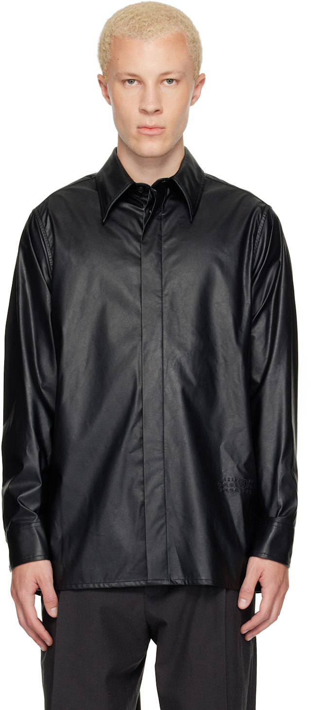 MM6 Maison Margiela: Black Long-Sleeved Faux-Leather Shirt | SSENSE