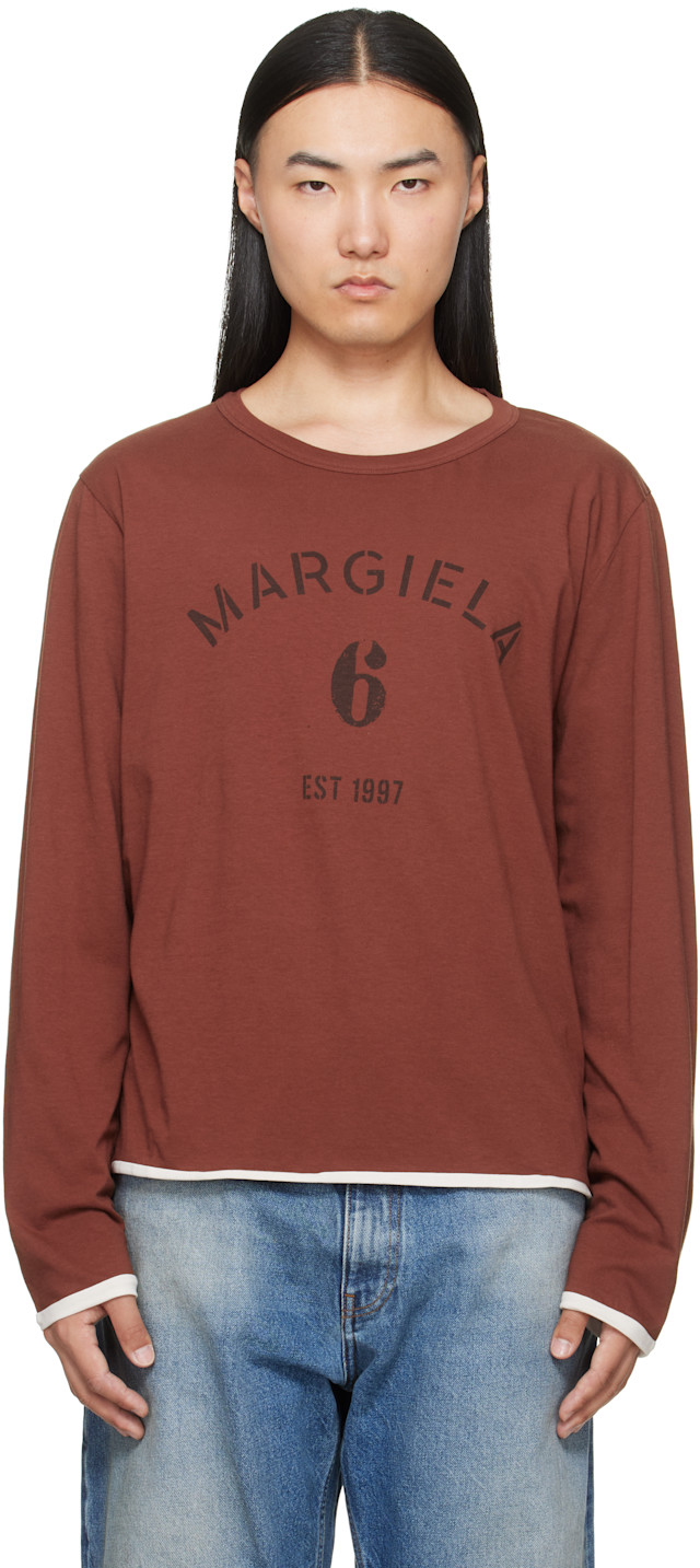 MM6 Maison Margiela: Brown Long-Sleeved Reversible T-shirt | SSENSE