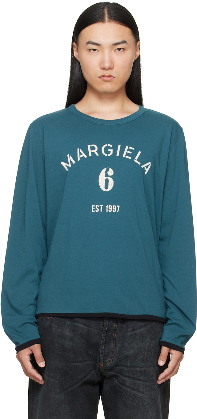 MM6 Maison Margiela: Blue Long-Sleeved Reversible T-shirt | SSENSE