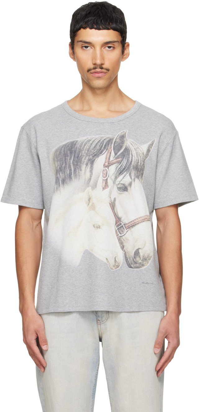 MM6 Maison Margiela: グレー Horse Portrait プリントTシャツ