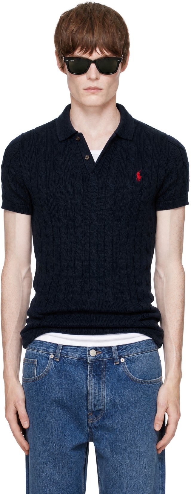 Polo Ralph Lauren: Navy Cable-Knit Cotton Polo | SSENSE