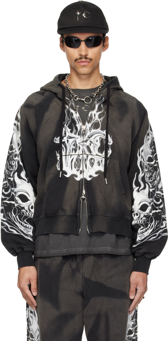 正規品　 x Thug Club Zip-Up Hoodie Thug Club: Black Six Riding Skull Zip-Up Hoodie | SSENSE
