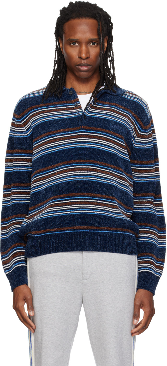 ネイビー ニット ポロシャツ 長袖 Solid Homme: ネイビー ボーダー ニットポロシャツ | SSENSE 日本