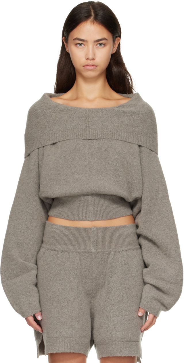 rick owens ニットカットソー Rick Owens: Gray Tower Pull Hoodie | SSENSE