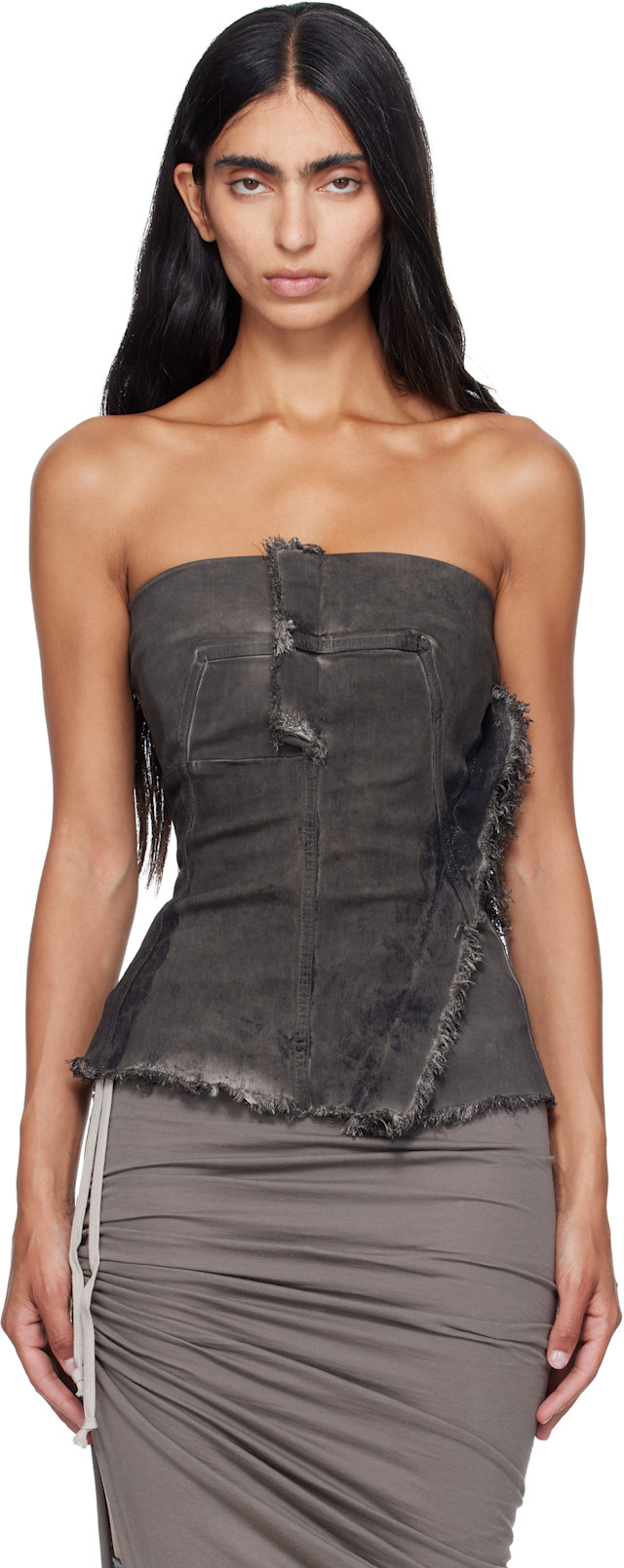 【rik】LLEGWOODTOP1200 Rick Owens: Gray Tower Bustier Denim Top | SSENSE Canada