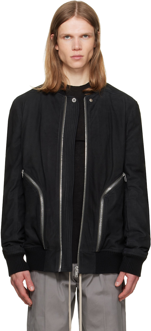 Rick Owens: Black Tower Heizer Flight Suede Bomber Jacket | SSENSE