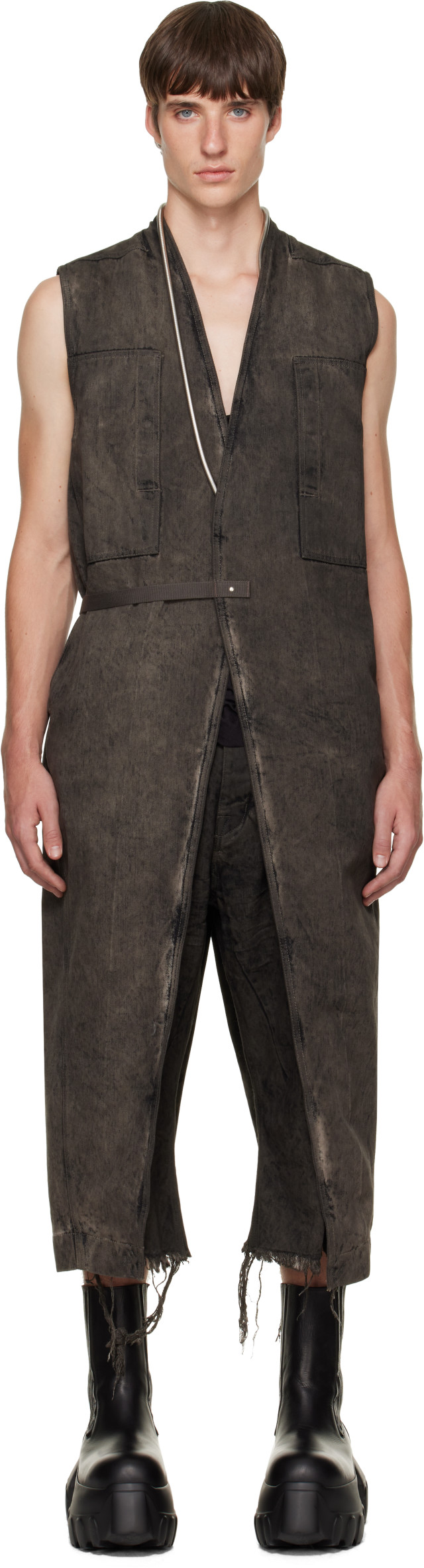 Rick Owens: グレー Tower Long Lab デニムベスト | SSENSE 日本