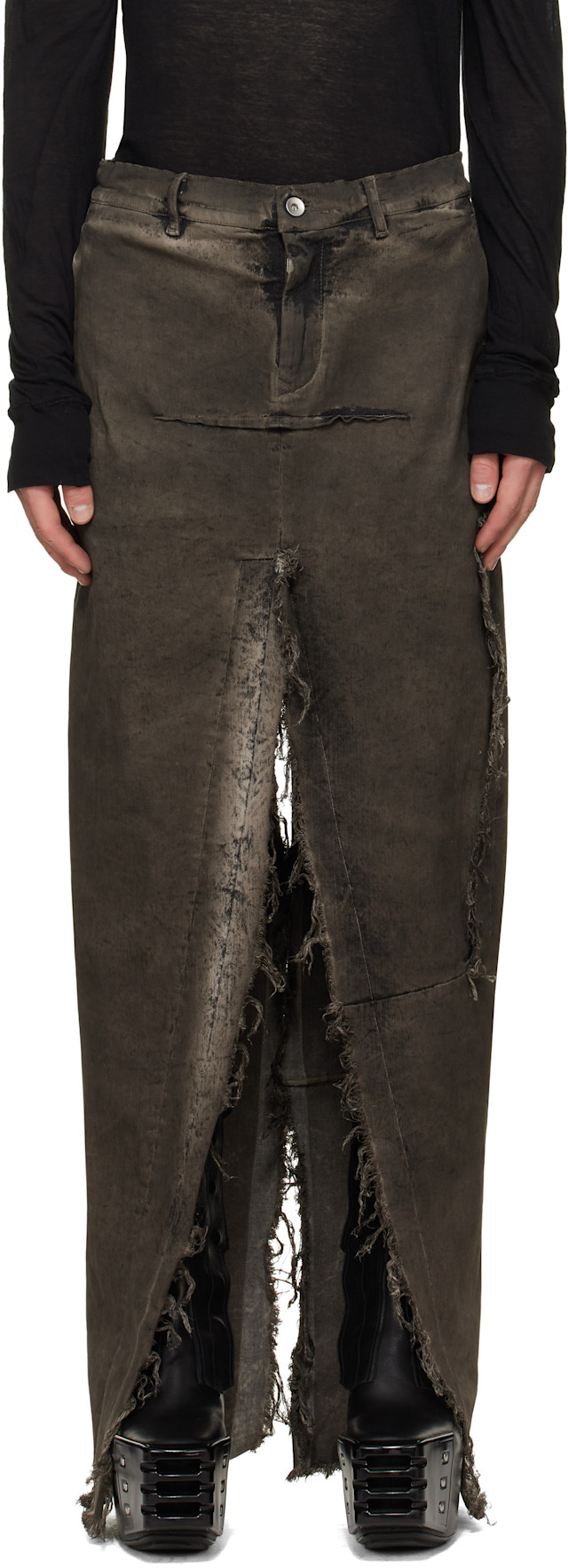 Rick Owens: Gray Tower Sliced Denim Maxi Skirt | SSENSE