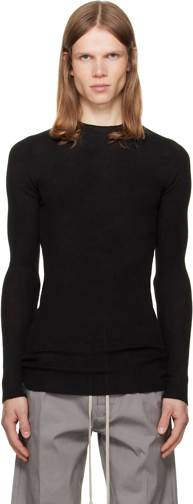 Rick Owens: Black Tower Ribbed Round Neck Sweater | SSENSE