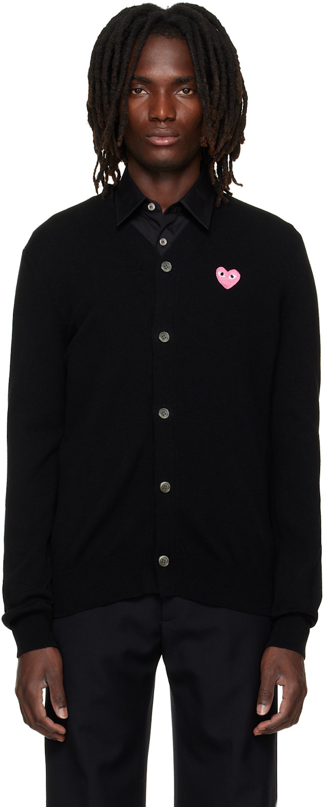 COMME des GARÇONS PLAY: Black Heart Emblem V-Neck Cardigan | SSENSE