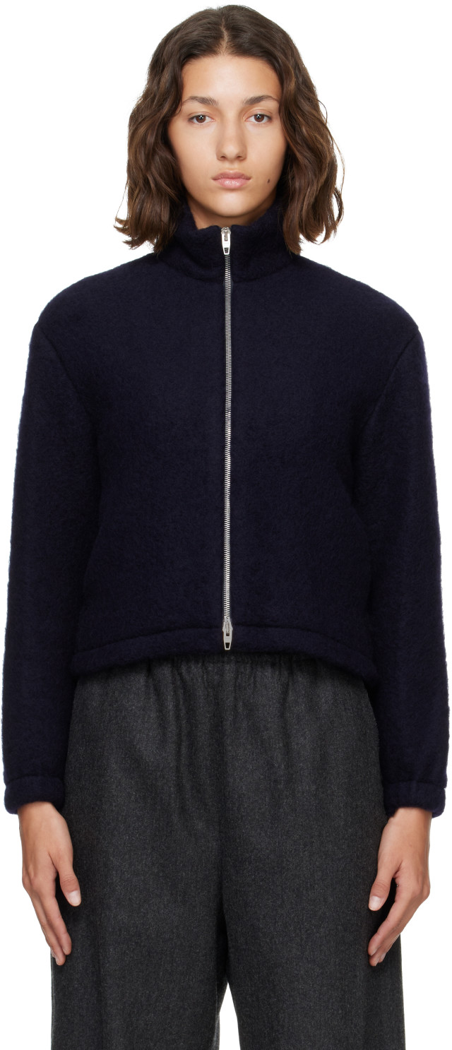 Jil Sander: Navy High Neck Zip-Up Cropped Jacket | SSENSE