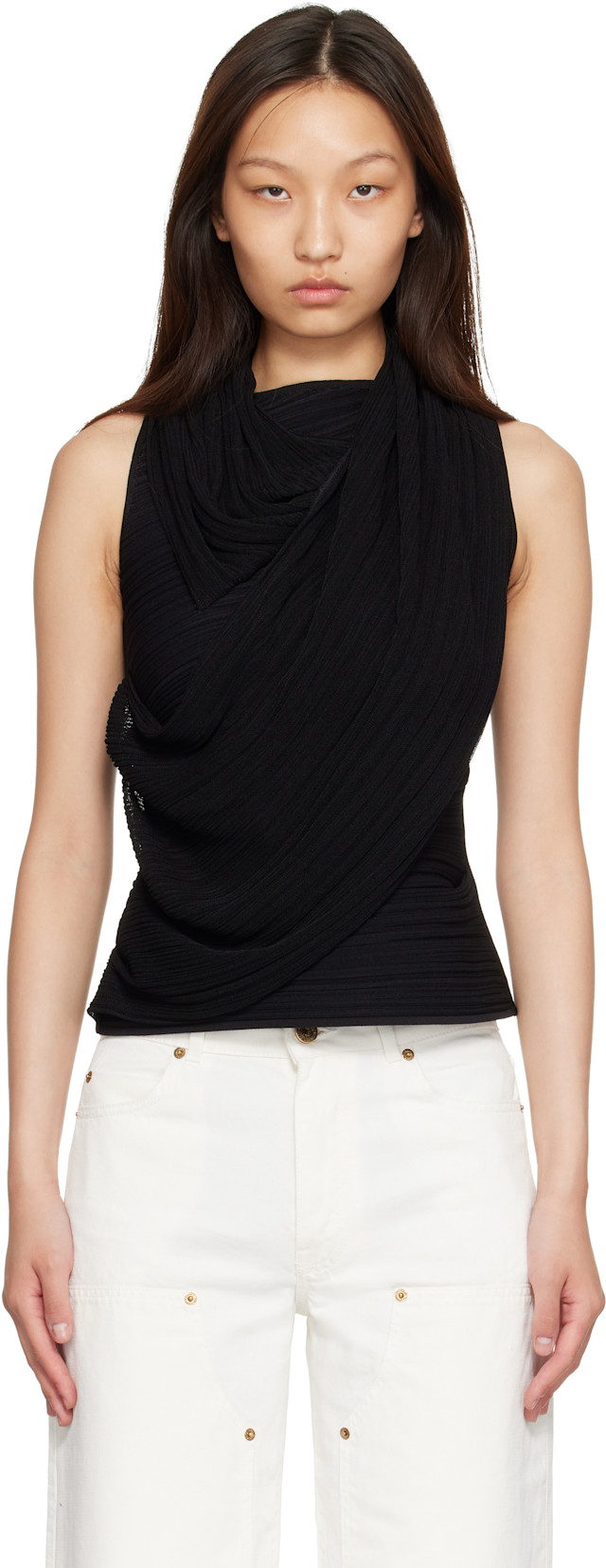 BALMAIN: Black One Shoulder Top | SSENSE Canada