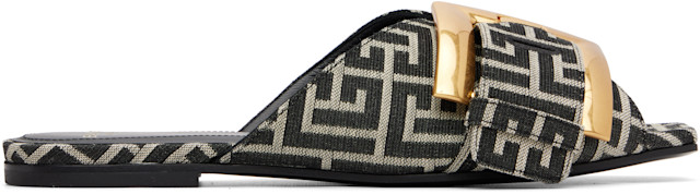 BALMAIN: Black Flat Monogram Jacquard Anthem Sandals | SSENSE