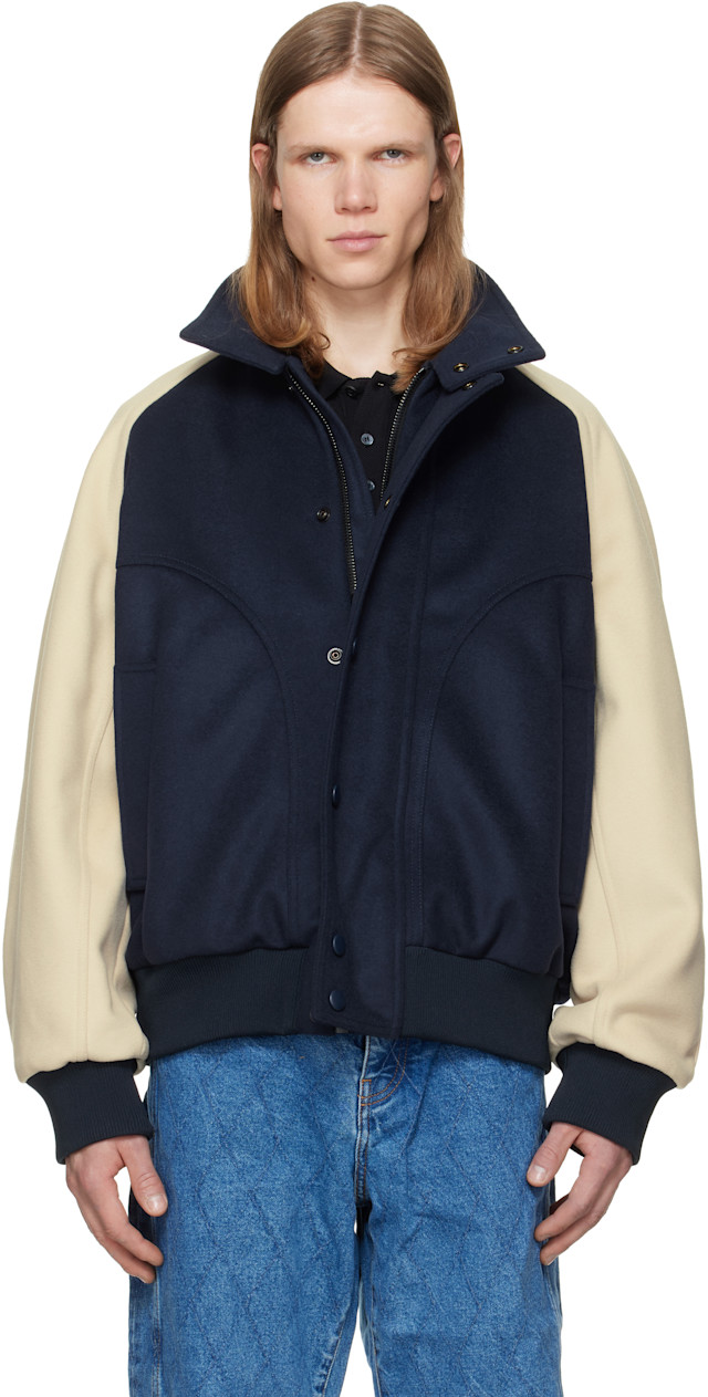 BALMAIN: Navy & Off-White Vintage Wool Bicolor Bomber Jacket | SSENSE