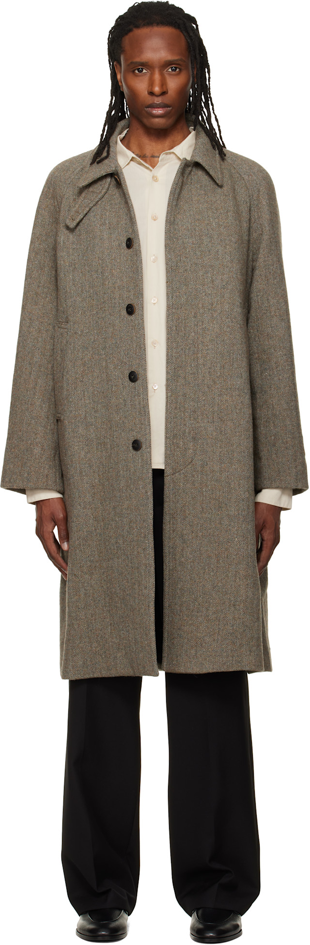 未使用級　アンコロック　ヘリンボーン　ウールコート　ユニセックス　ラップ tonywack-beige-herringbone-