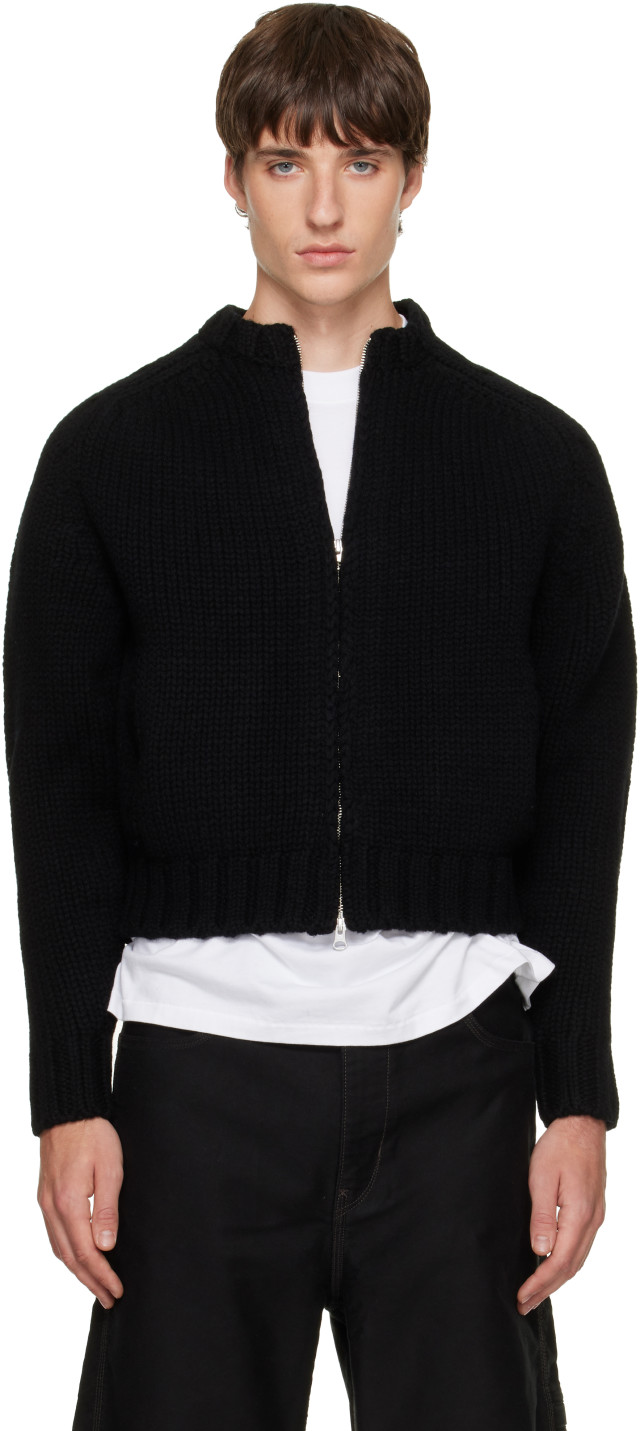 TONYWACK: Black Shetland Wool Knitted Zip Jacket | SSENSE