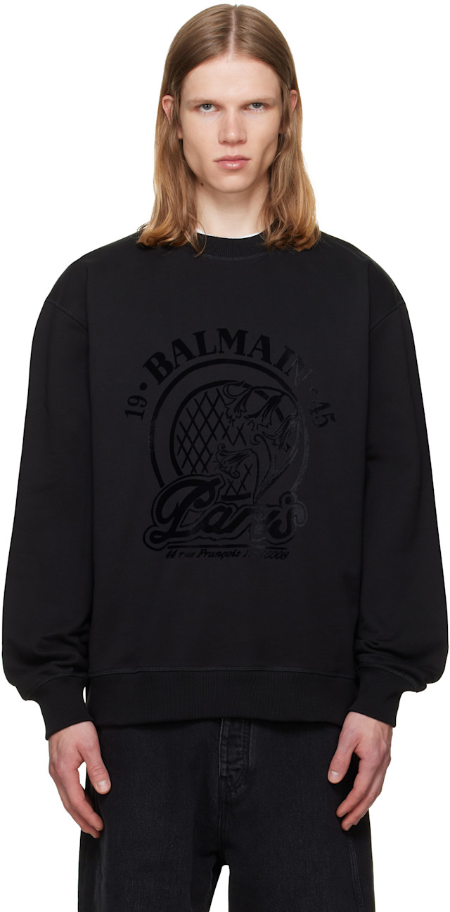 BALMAIN 23AW Logo Flocked Sweatshirt 黒 M BALMAIN: Black 'Balmain' Quilted Flock Sweatshirt | SSENSE Netherlands