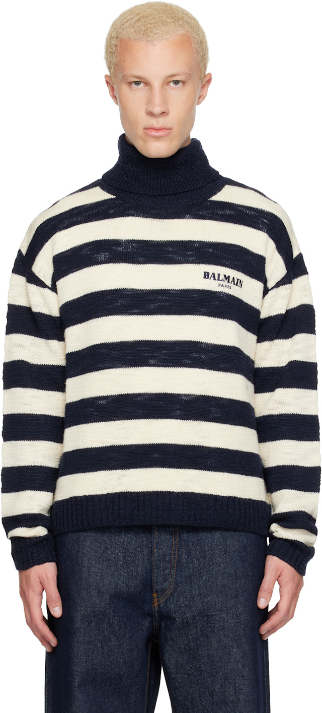 BALMAIN: Navy & Off-White Mariniere Vintage Wool Turtleneck | SSENSE