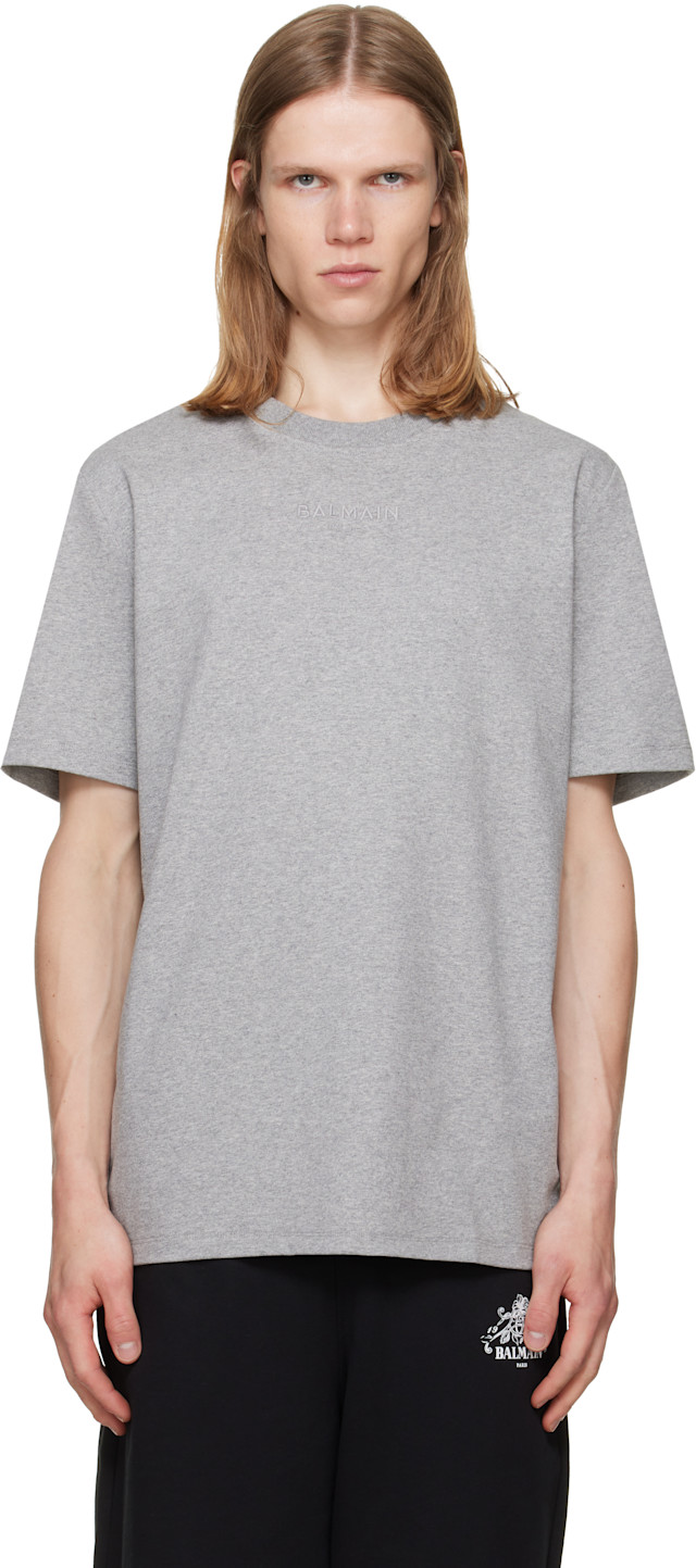 BALMAIN: Gray Embroidered 'Balmain Paris' T-shirt | SSENSE