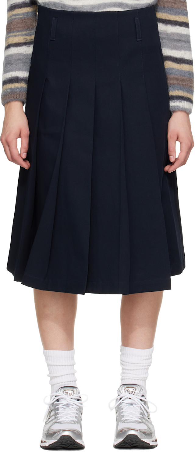 A.P.C.: Navy Pleated Midi Skirt | SSENSE A.P.C.: Navy Pleated Midi Skirt | SSENSE