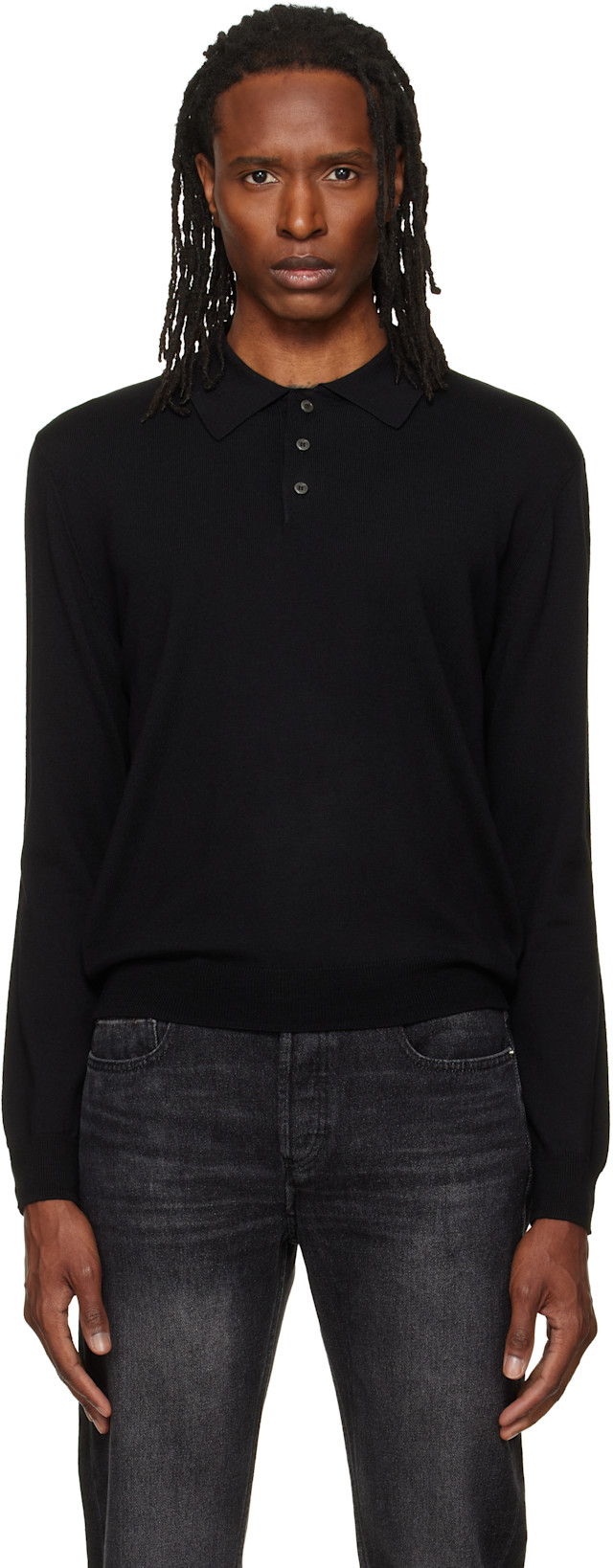 A.P.C.: ブラック ウール ニットポロシャツ | SSENSE 日本