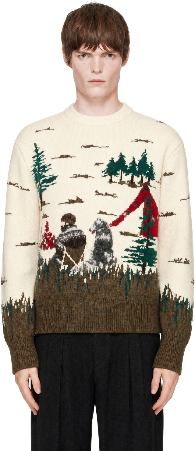 Junya Watanabe: Off-White & Khaki Wool Sweater | SSENSE