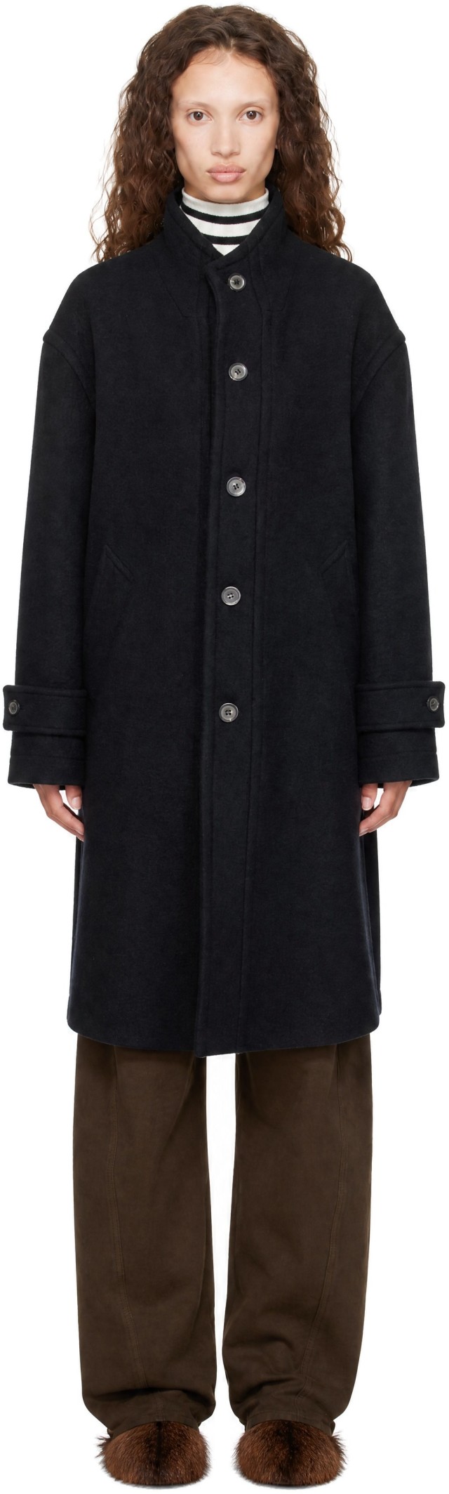 COOR: Black Virgin Wool High Neck Coat | SSENSE Canada