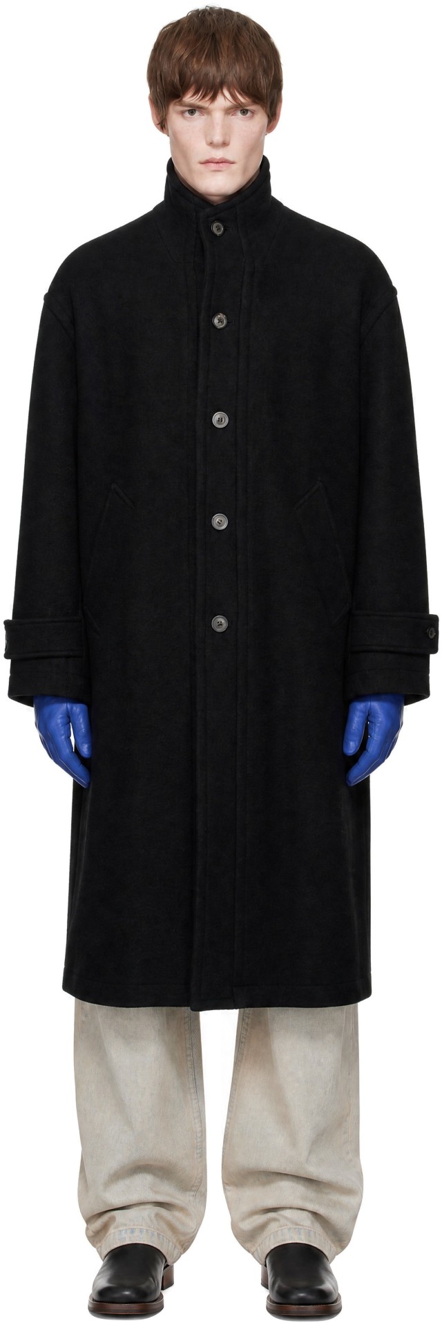 COOR: Black Virgin Wool High Neck Coat | SSENSE Canada