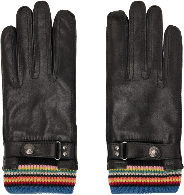 Paul Smith: ブラック 'Signature Stripe' Cuff レザーグローブ