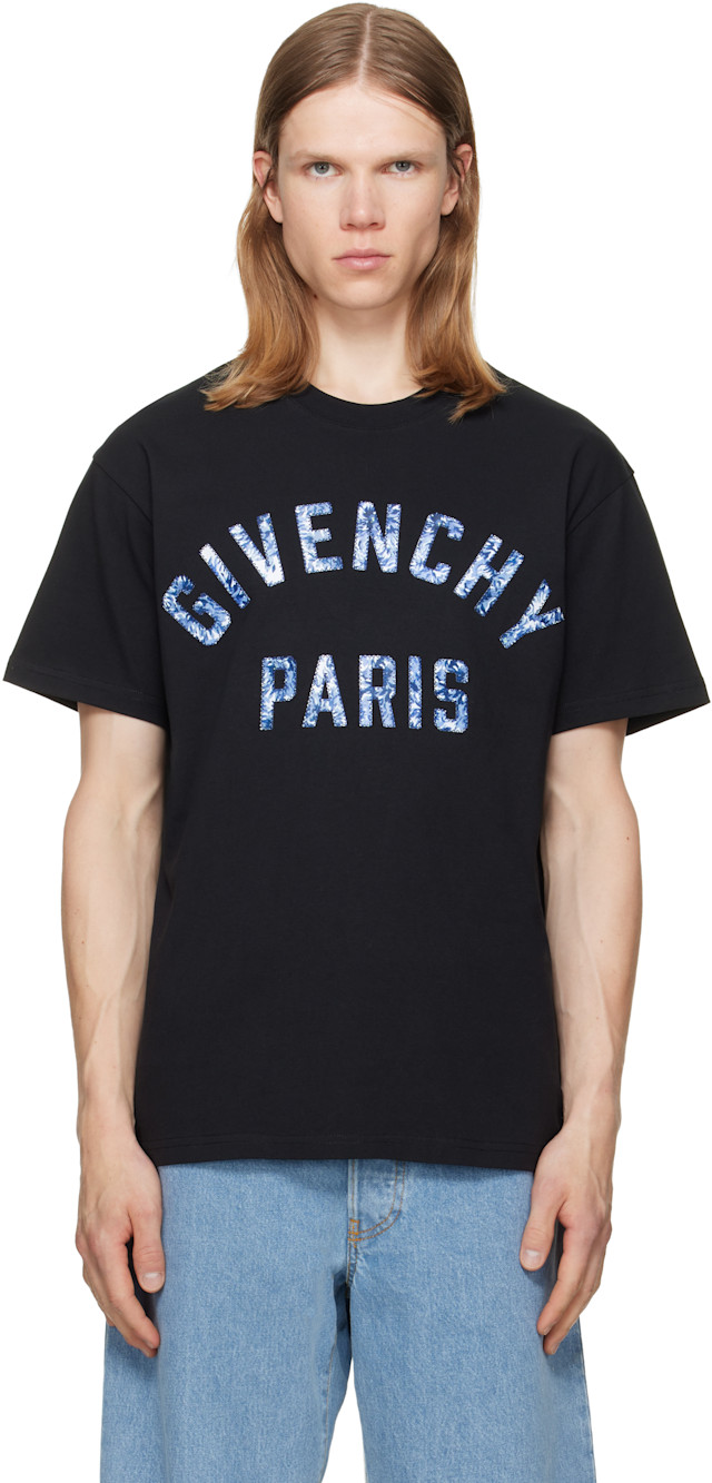 Givenchy: Black 'Givenchy Paris' Pompom Embroidery T-shirt