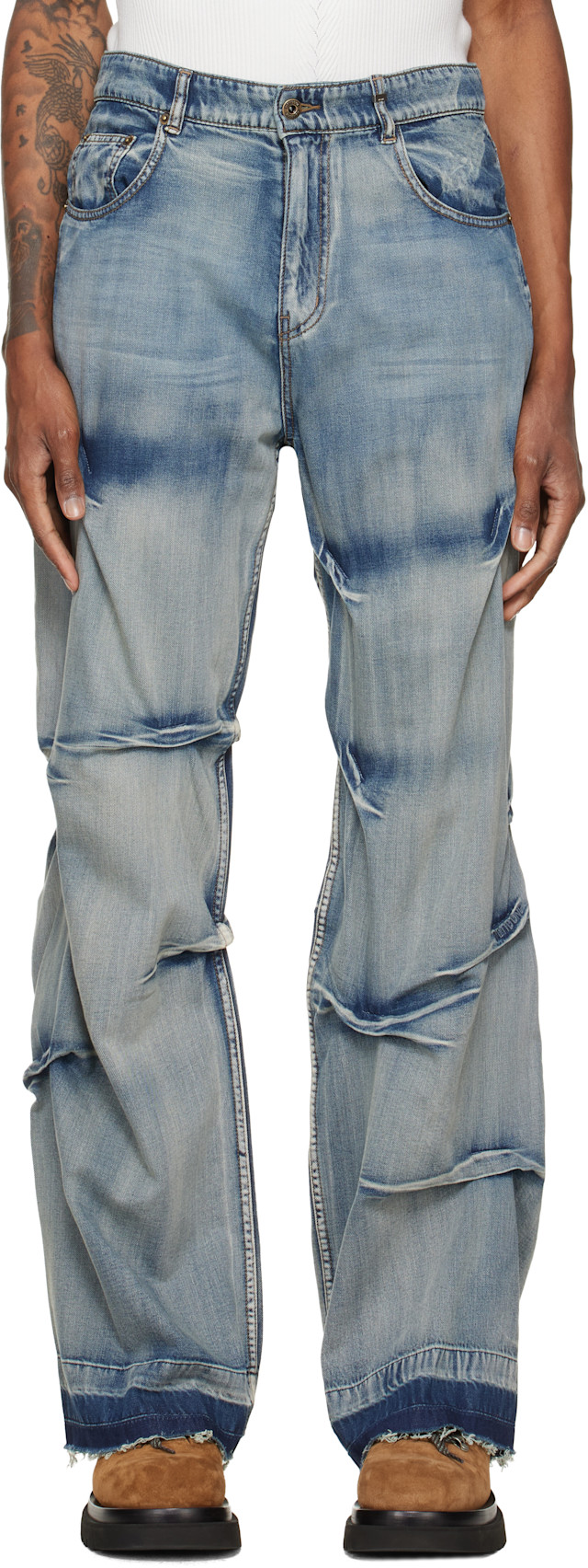 We11done: Blue Multi-Tuck Denim Jeans | SSENSE