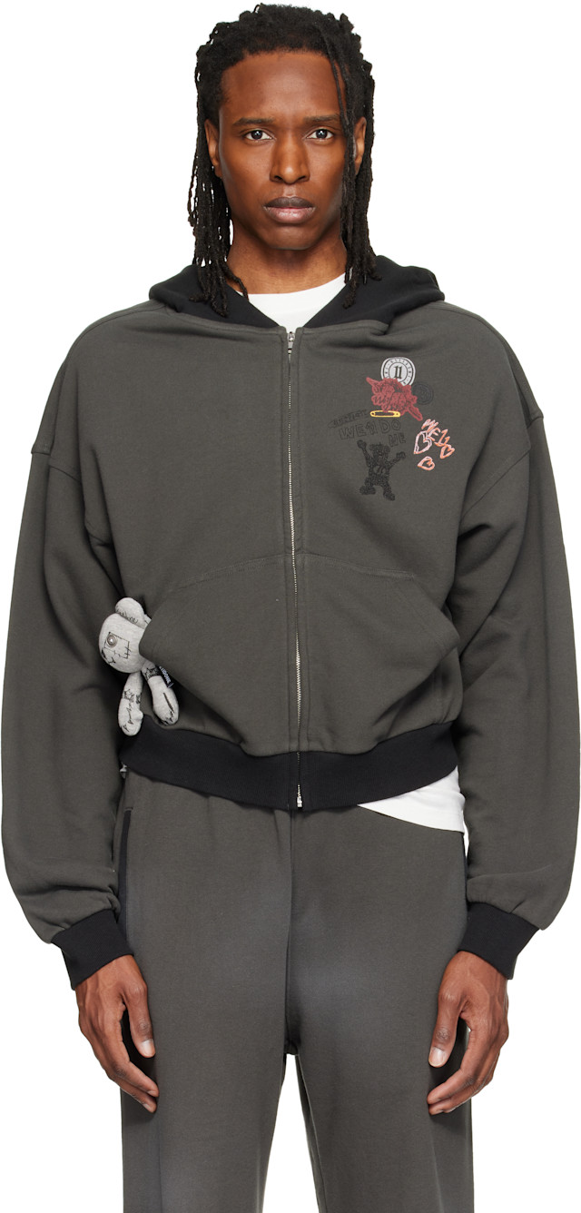 We11done: Gray Washed Doodle Teddy Zip-Up Hoodie | SSENSE