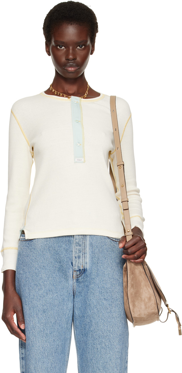 Chloé: Off-White Fitted Cotton Jersey Henley | SSENSE