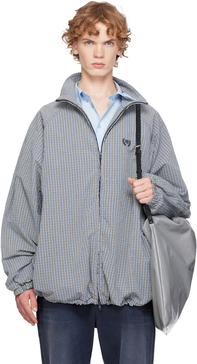 Balenciaga: Blue & Beige Cotton Linen Check Zip-Up Jacket | SSENSE