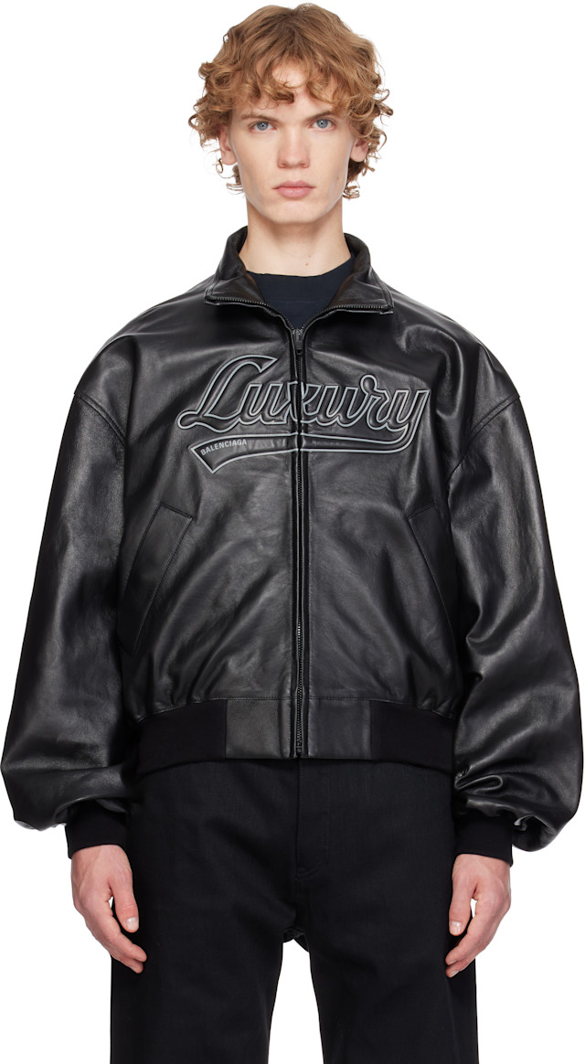 Balenciaga: Black Smooth Semi Grainy Leather Bomber Jacket | SSENSE