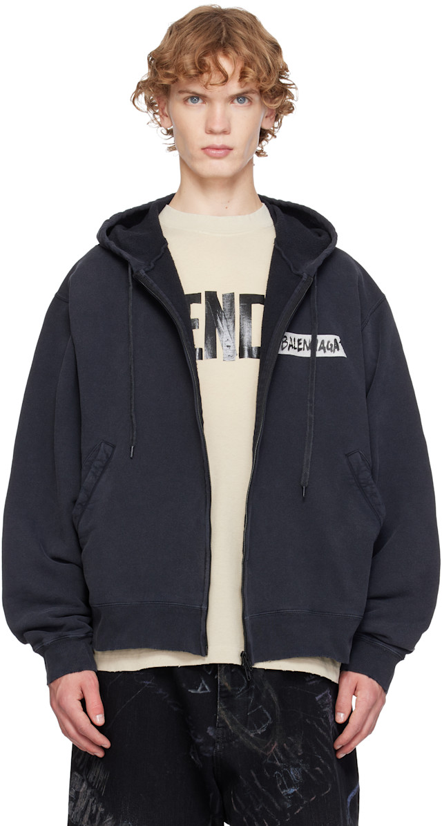 Balenciaga: Black Masking Tape Oversized Zip-Up Hoodie | SSENSE