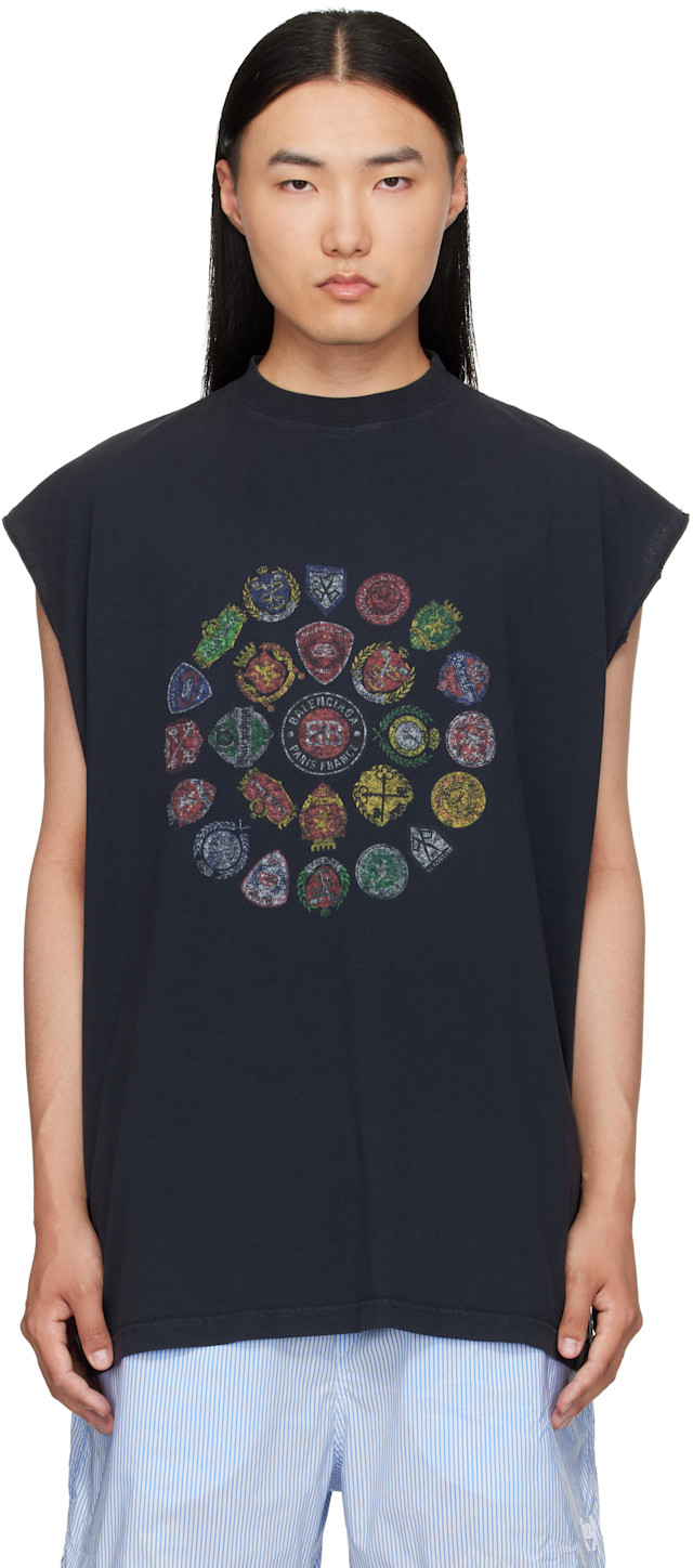 Balenciaga: ブラック Spiral Crest Tシャツ | SSENSE 日本