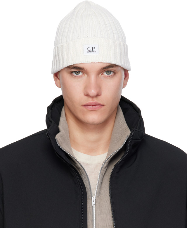 C.P. Company: White Extrafine Merino Wool Logo Beanie | SSENSE