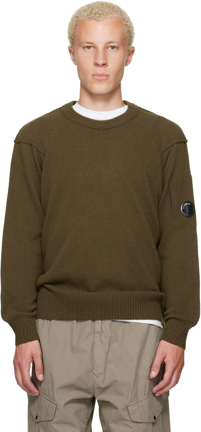 C.P. Company: Khaki Lambswool Lens Crewneck Contrast Sweater | SSENSE