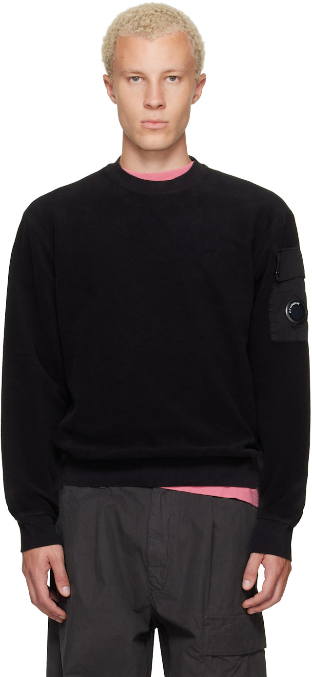 C.P. Company: Black Crew Neck Brushed Emerized Diagonal Fleece