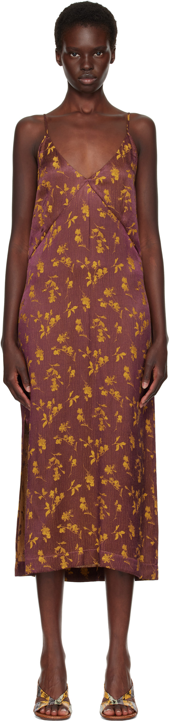 Dries Van Noten: Burgundy Jacquard Midi Dress | SSENSE