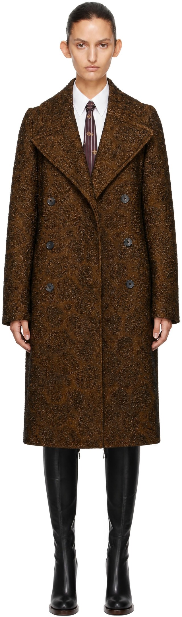 Dries Van Noten: Brown Double-Breasted Jacquard Coat | SSENSE