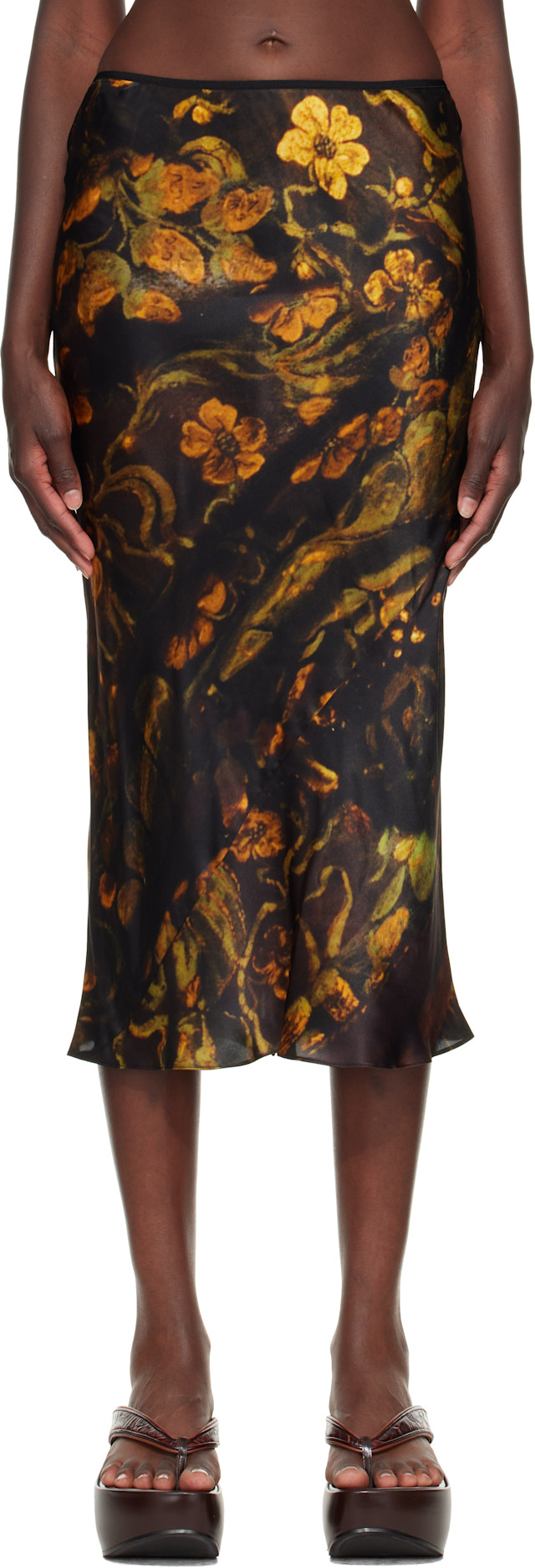 Dries Van Noten: ブラック フローラル ミディアムスカート | SSENSE 日本