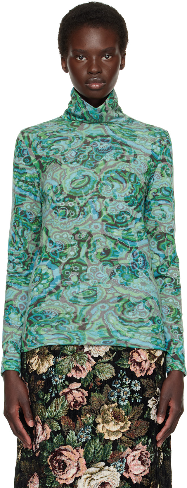 専用 DRIES VAN NOTEN レーヨン タートルネック 希少 マーブル柄 Dries Van Noten: Green Paisley Turtleneck | SSENSE
