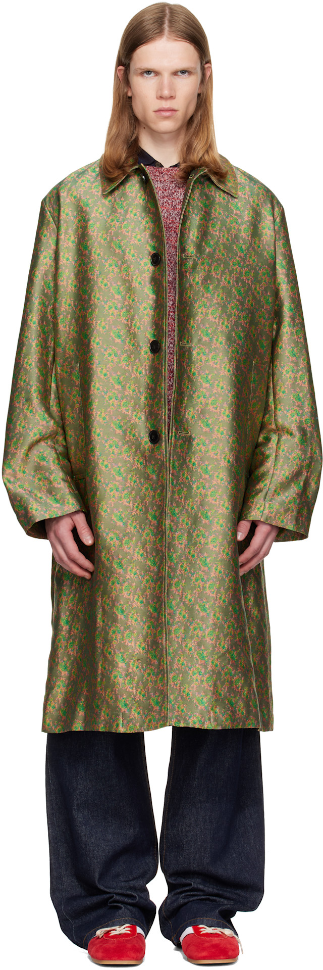 Dries Van Noten: Green Jacquard Coat | SSENSE