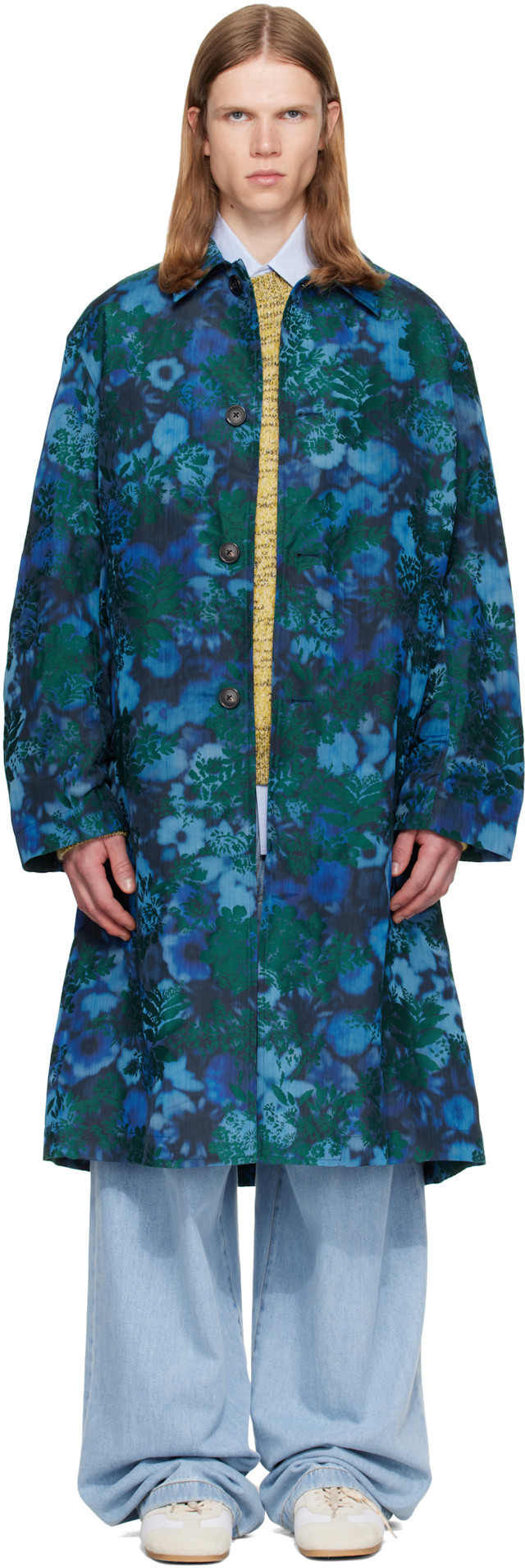 Dries Van Noten: Blue Floral Jacquard Coat | SSENSE Canada