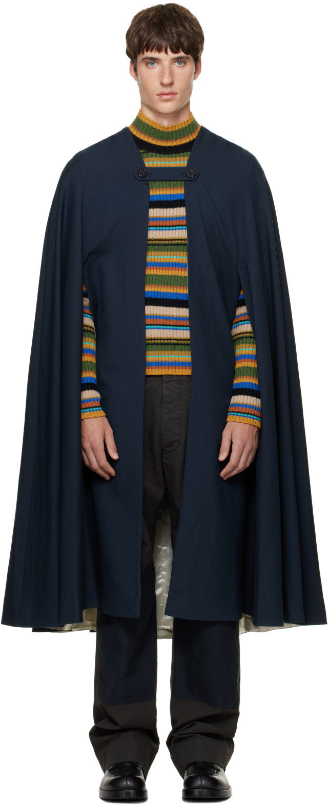 Dries Van Noten: ネイビー ウール ケープコート | SSENSE 日本