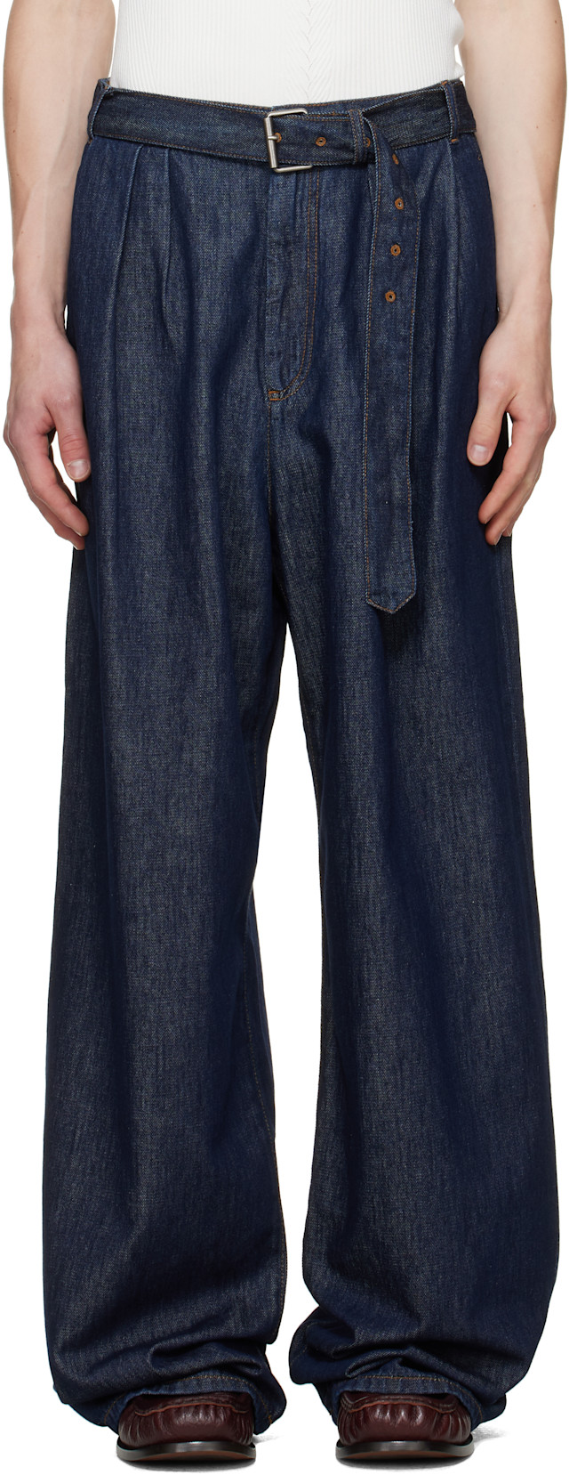 Dries Van Noten: Navy Belted Pleat Jeans | SSENSE